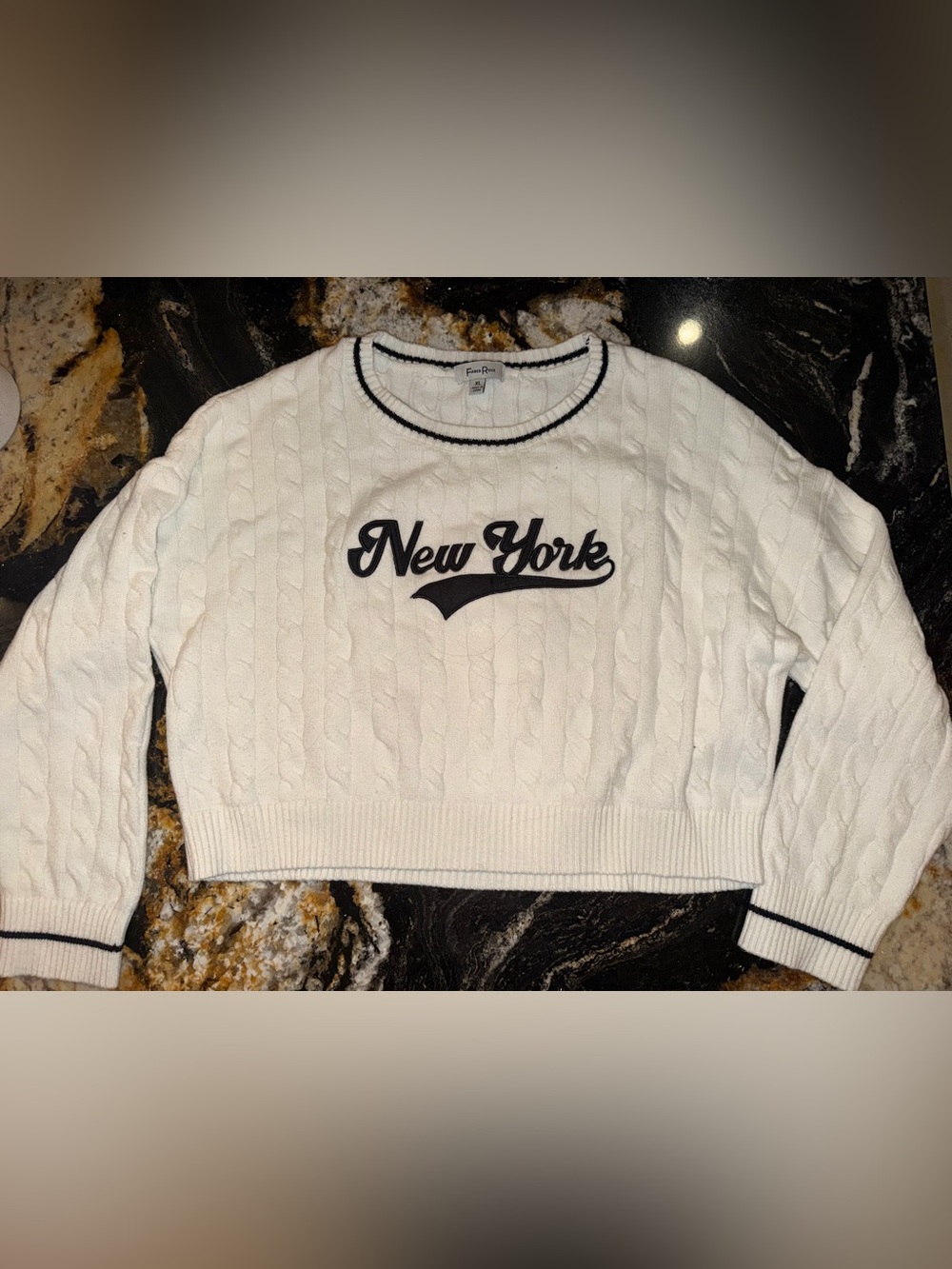 White Cable Knit 'New York' Crewneck Sweater